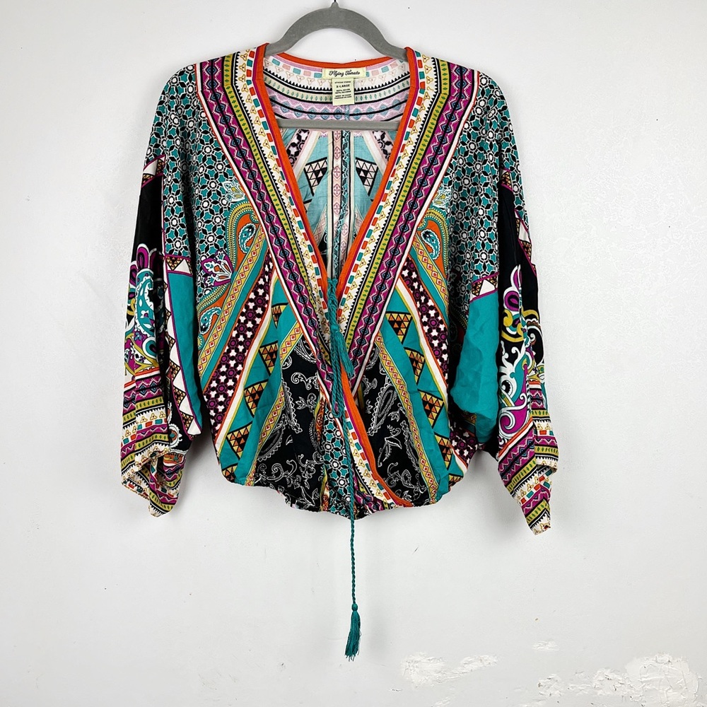 Flying Tomato Kimono Top Dolman 3/4 Sleeves Stripes Floral V-neck Wrap XL Boho